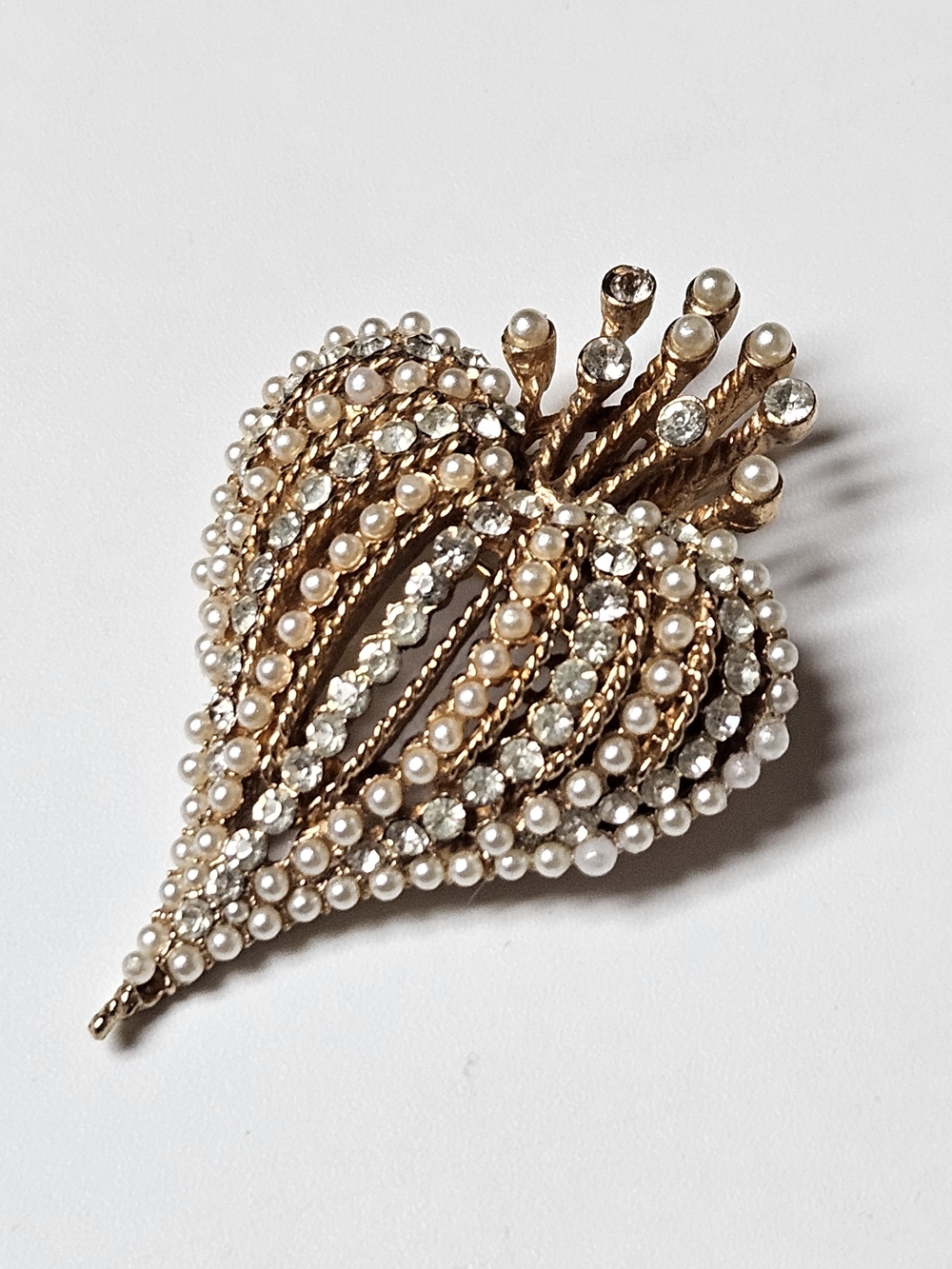 Gold-Tone Pearl & Crystal Leaf Brooch - Delicate Ivory Pearls
